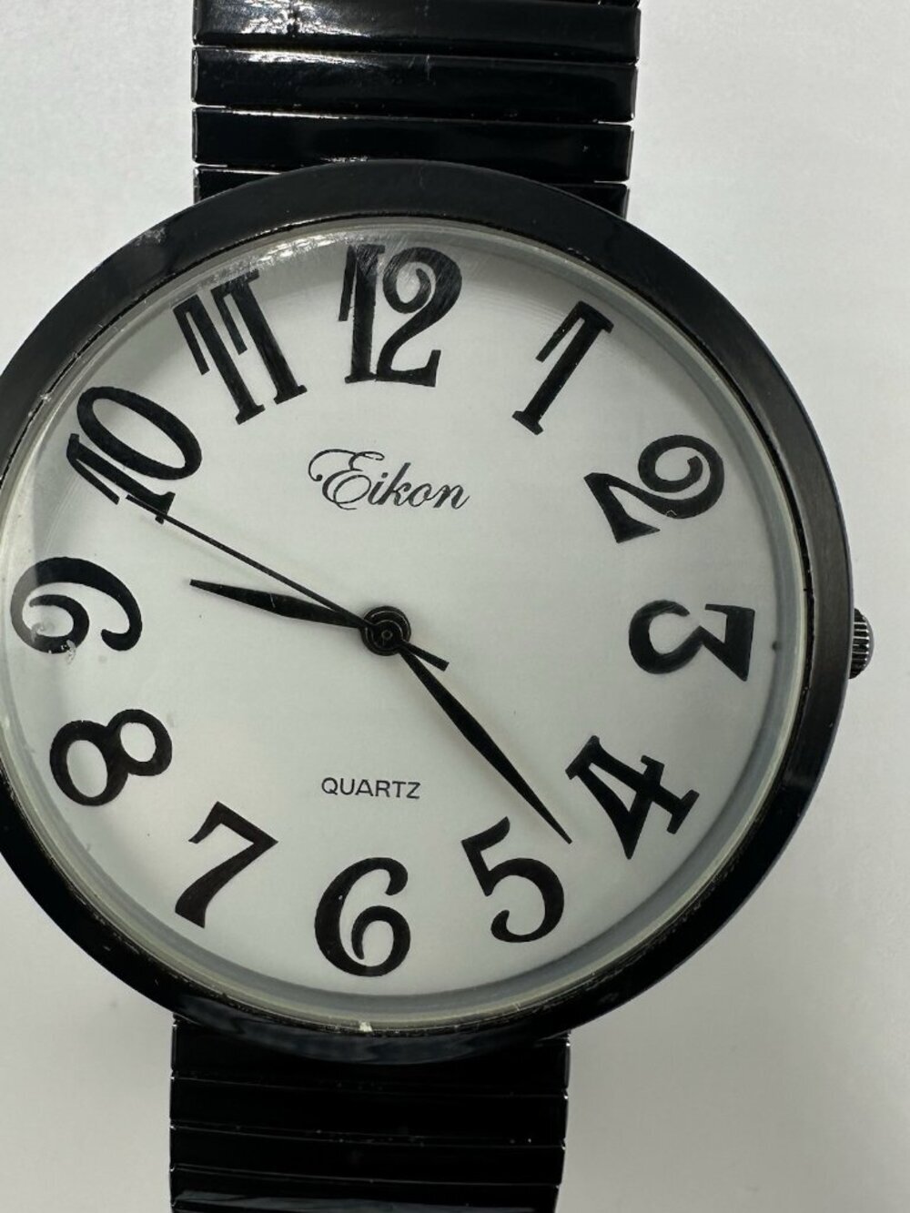 3/$30 Eikon Watch Women Black Large Numerals  Stretch Band New Battery 6.75 Inch